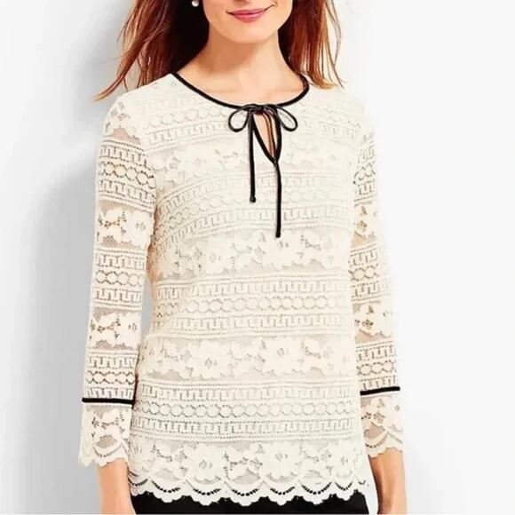 Talbots Womens Top Size 1X Ivory Lace Velvet Trim Romantic Coquette Peasant - Picture 1 of 10
